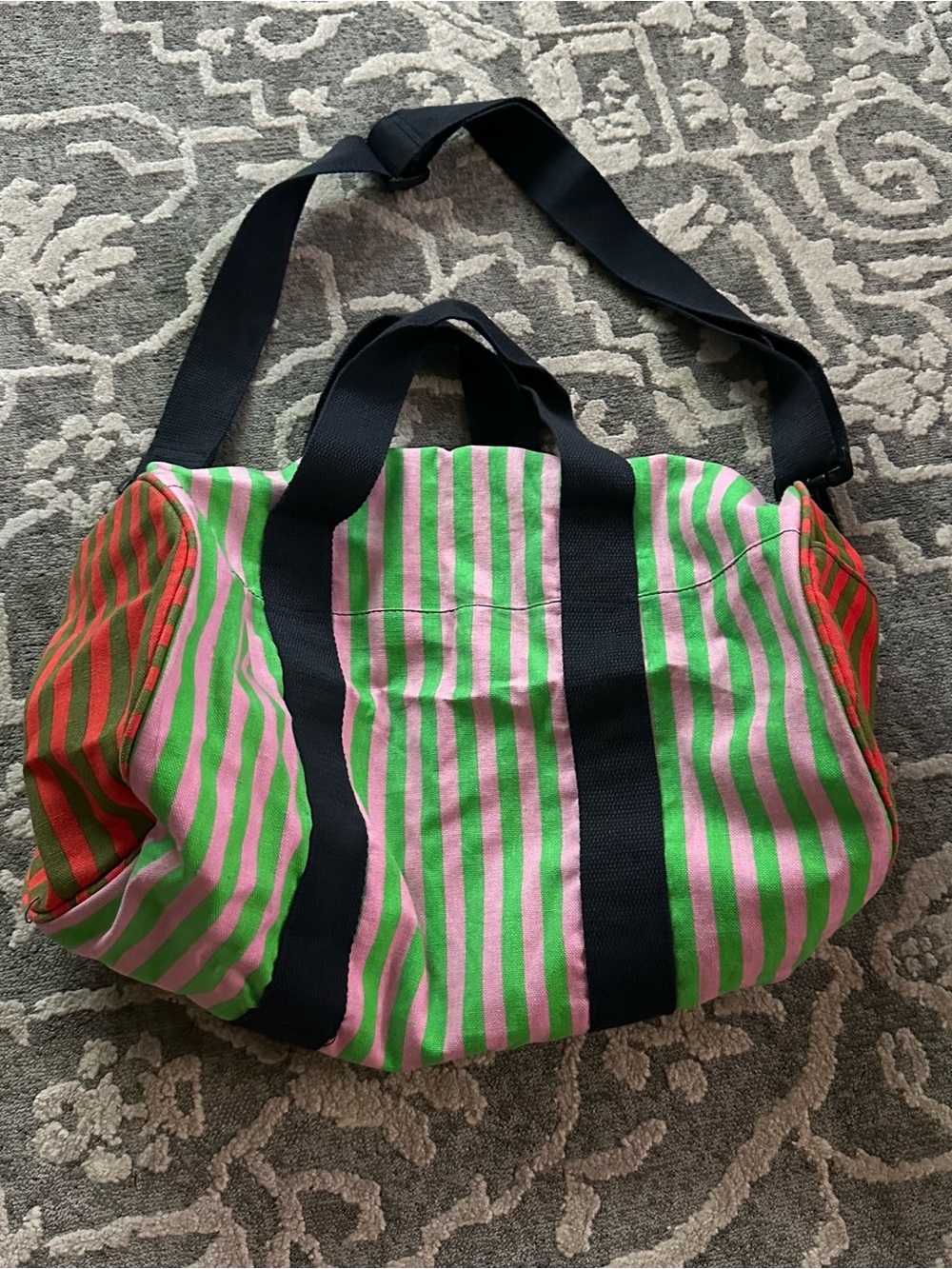 Striped Pink & Green Canvas Weekender Bag with Black Straps